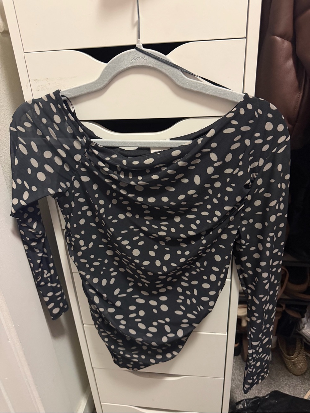Mauve Black Long Sleeve Top with Ivory Polka Dots